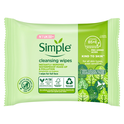 Simple Biodegradable Cleansing Wipes With Vitamin B5, Vitamin E and Pro Amino Acids - 7 Pack
