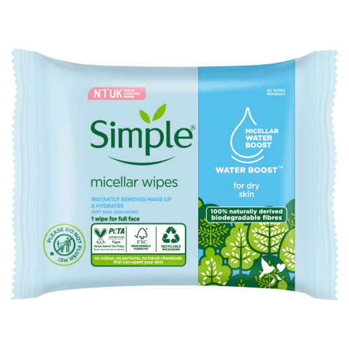 Simple Kind To Skin Micellar Biodegradable Facial Wipes - 20 Wipes
