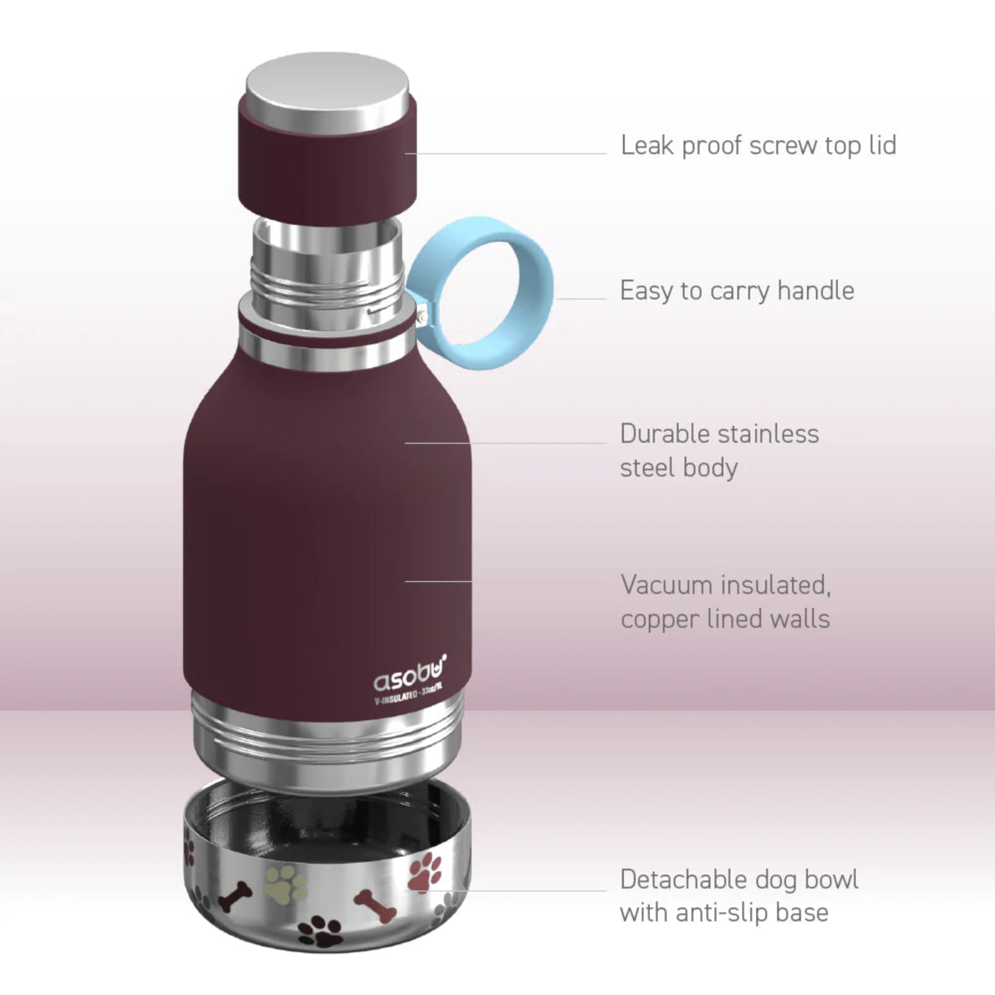 ASOBU Dog Bowl Bottle - Burgundy, 1L bottle + 360mL Bowl (Clearance Stock)