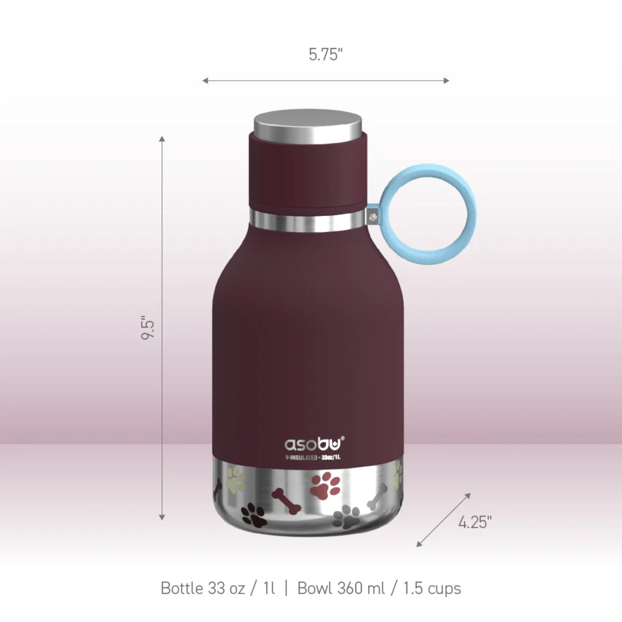 ASOBU Dog Bowl Bottle - Burgundy, 1L bottle + 360mL Bowl (Clearance Stock)