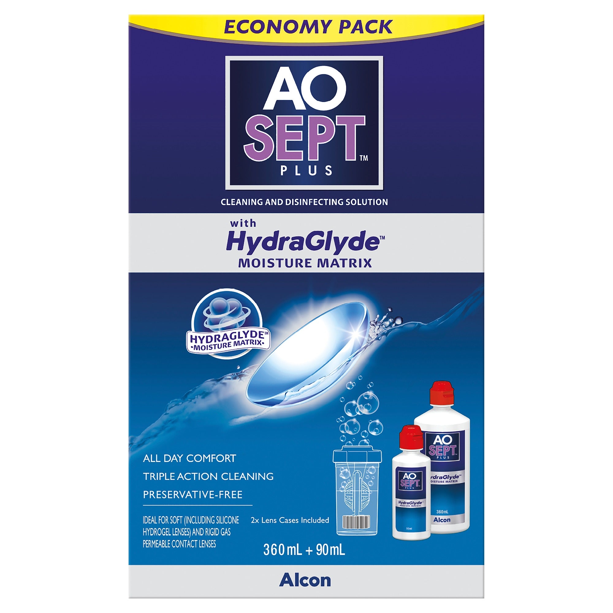 AOSEPT PLUS with HydraGlyde Contact Lens Solution Economy Pack 360mL + 90mL Bottle