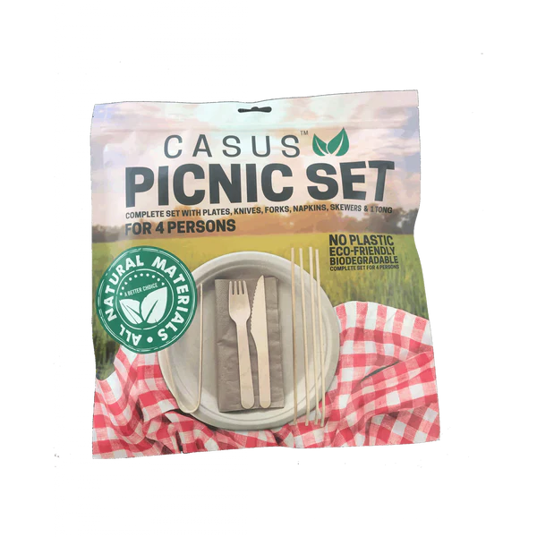 Casus Picnic Set (4 plates, 4 knives, 4 forks, 4 serviettes, 4 skewers, 1 x tongs) - 10 Pack