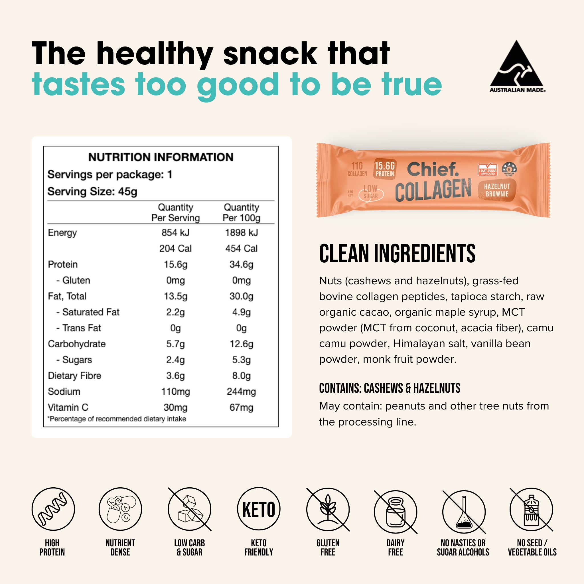 Chief Nutrition Collagen Protein Bars - Hazelnut Brownie, 12 Pack