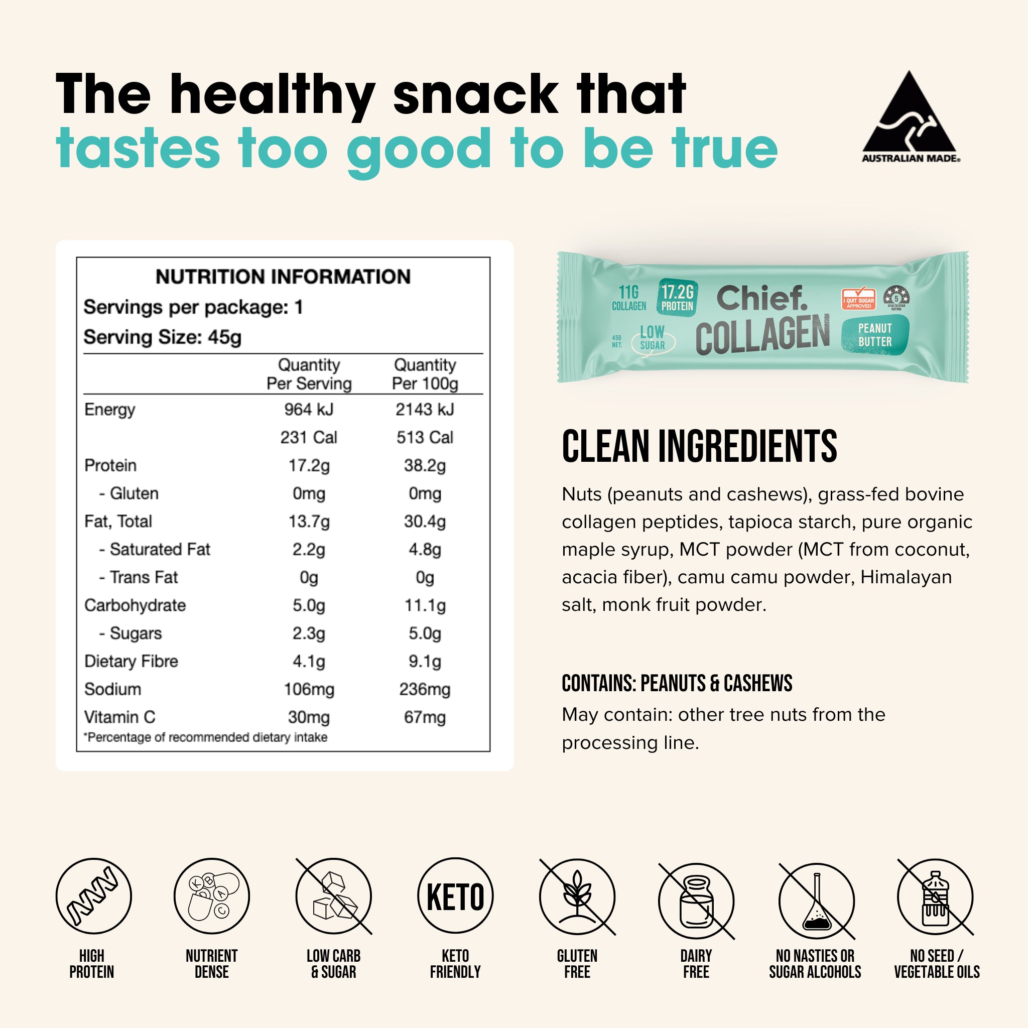 Chief Nutrition Collagen Protein Bars - Peanut Butter, 12 Pack