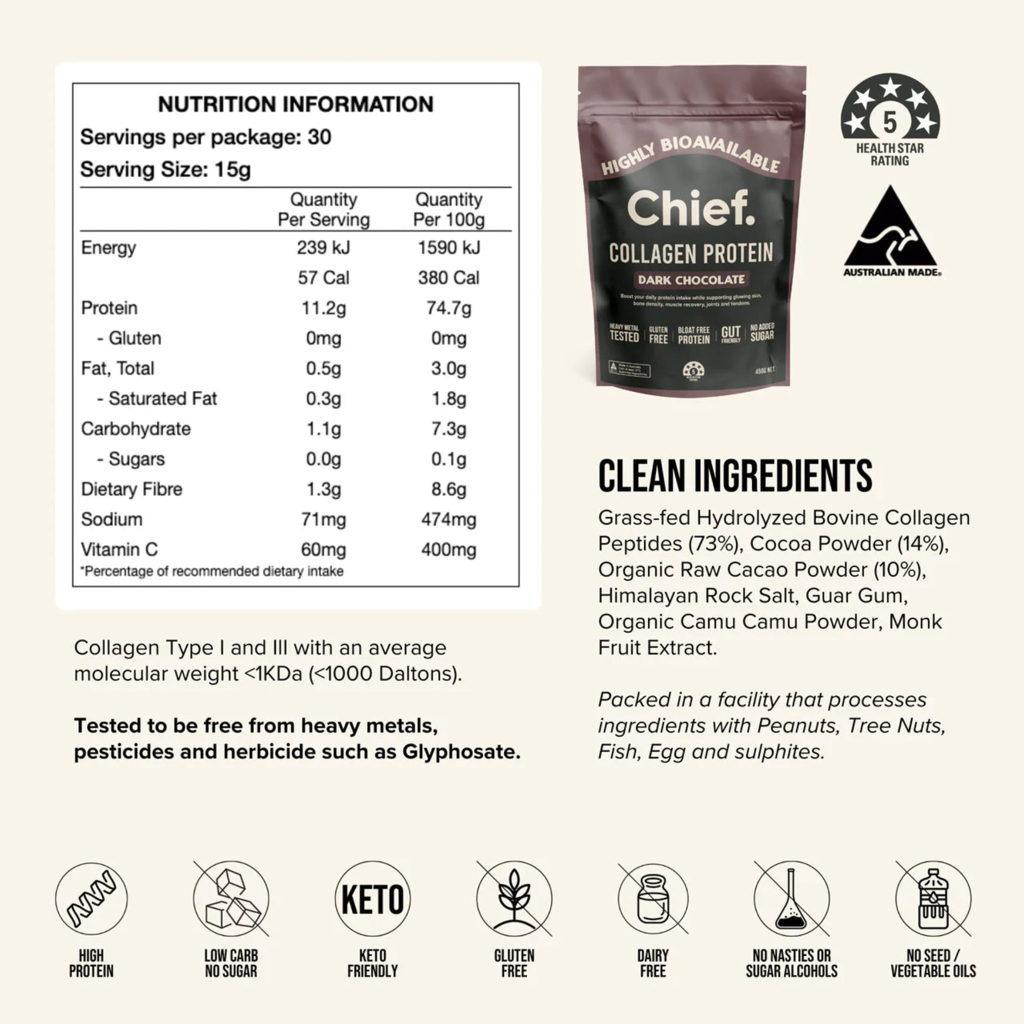 Chief Nutrition Grass-fed Collagen Protein Powder - Dark Chocolate, 450g