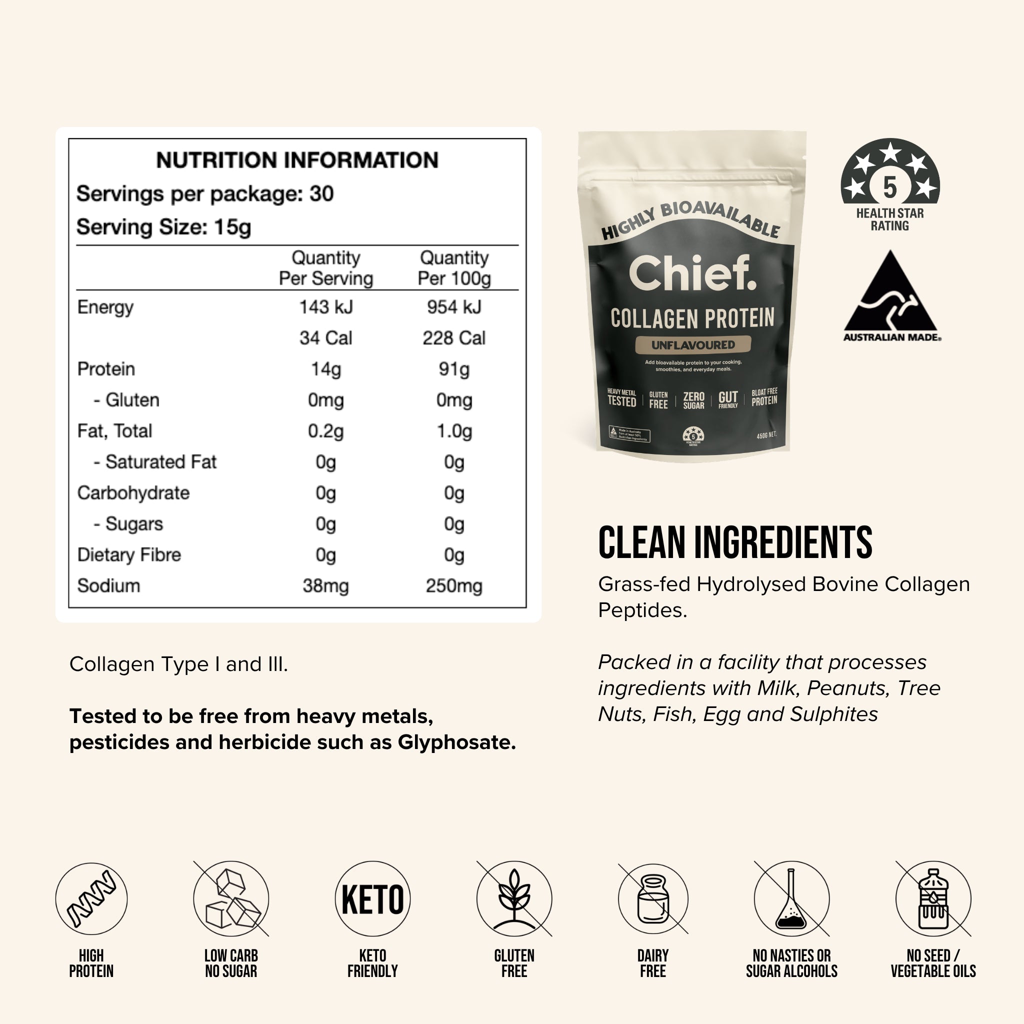 Chief Nutrition Grass-fed Collagen Protein Powder - Unflavoured, 450g