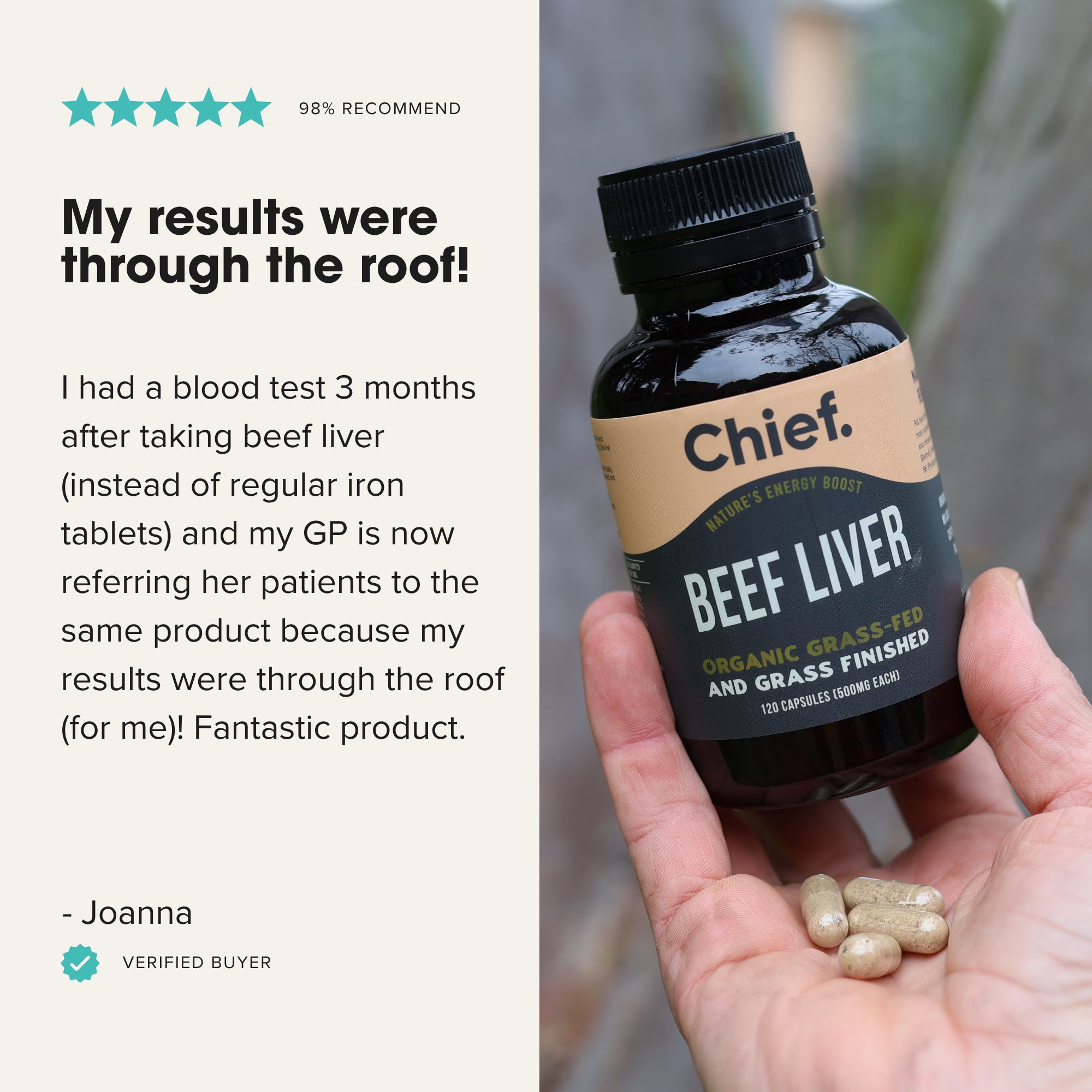 Chief Nutrition Organic Grass-Fed Beef Liver 500MG - 120 Capsules