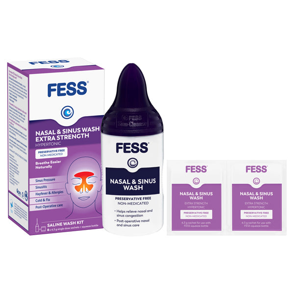 FESS Extra Strength Nasal & Sinus Saline Wash Kit - 1 washer + 6 Sachets, 6 x 6.3g