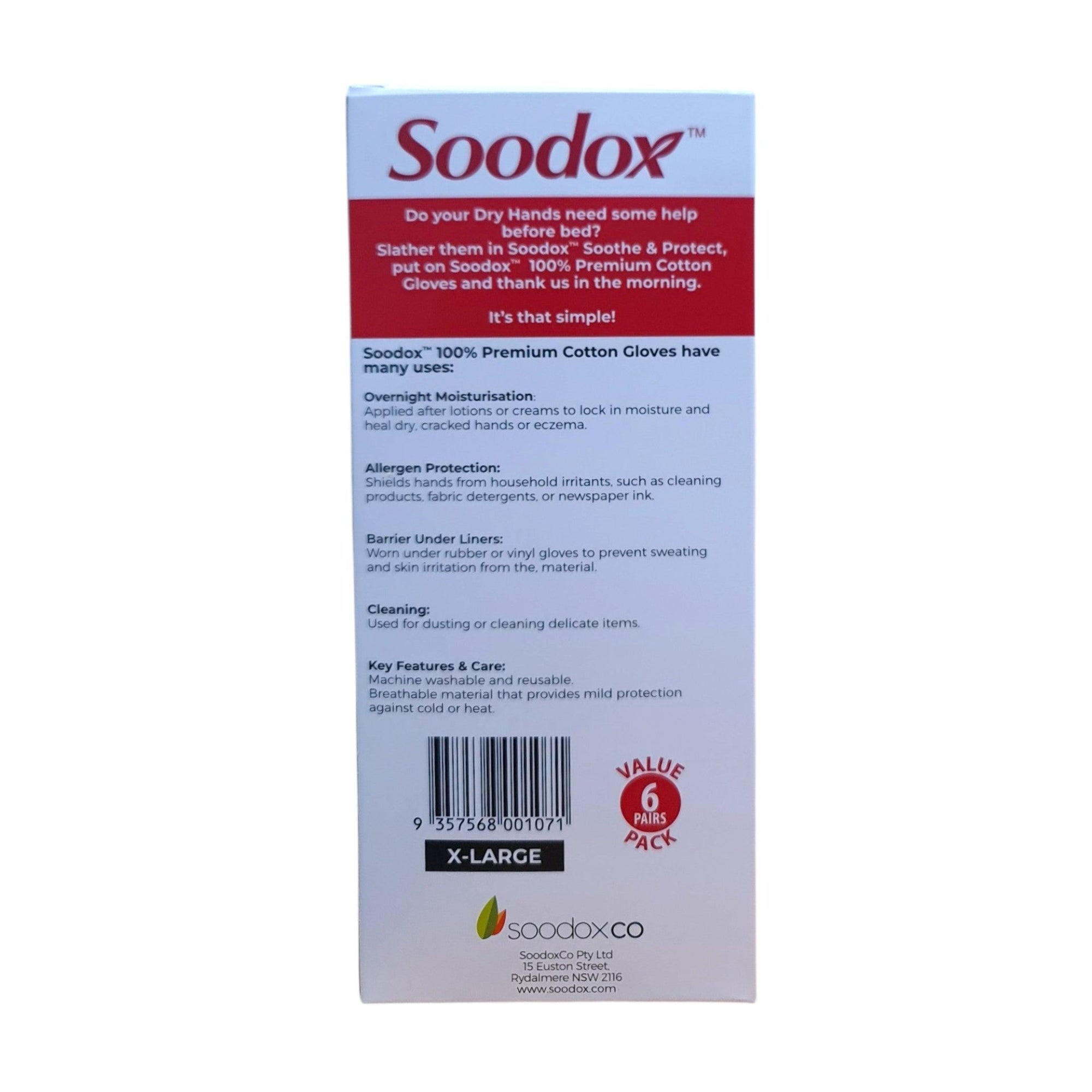 Soodox Premium Cotton Gloves 6 Pack - With Cuff and Fitted Fingertips, Large