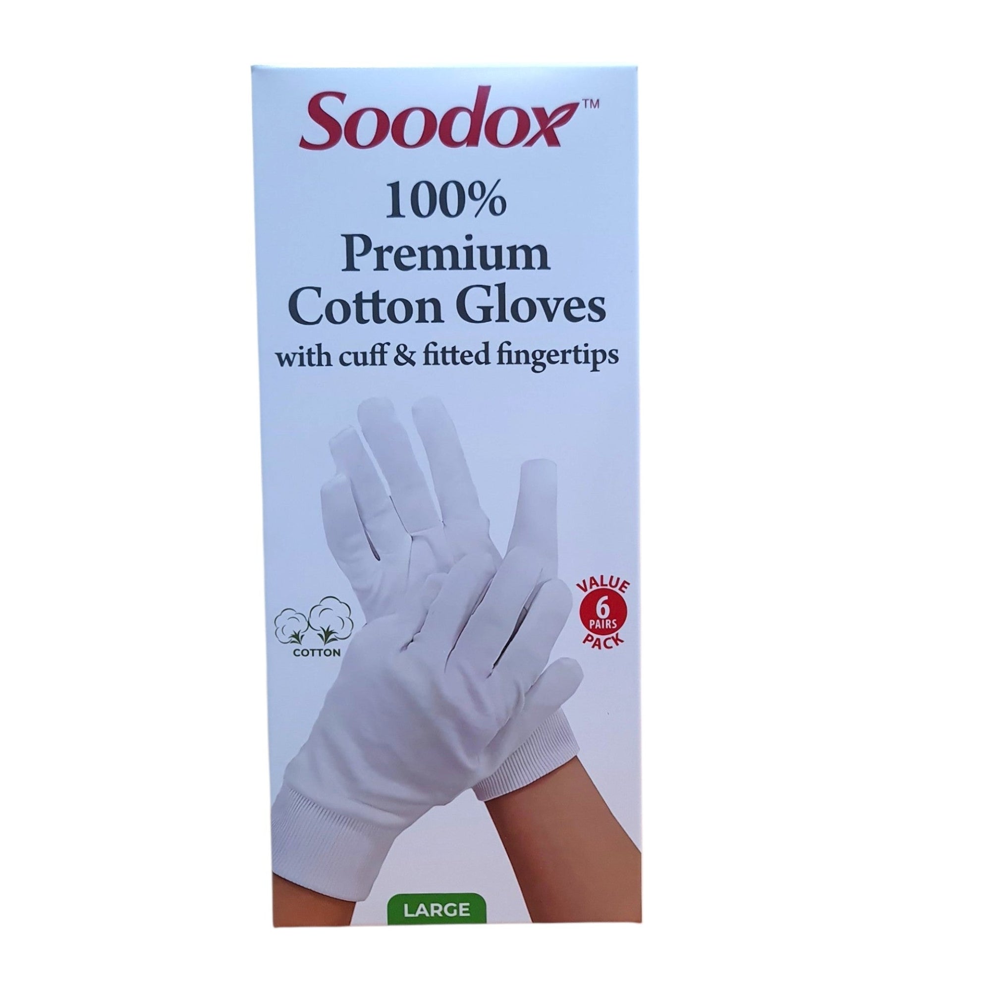 Soodox Premium Cotton Gloves 6 Pack - With Cuff and Fitted Fingertips, Large