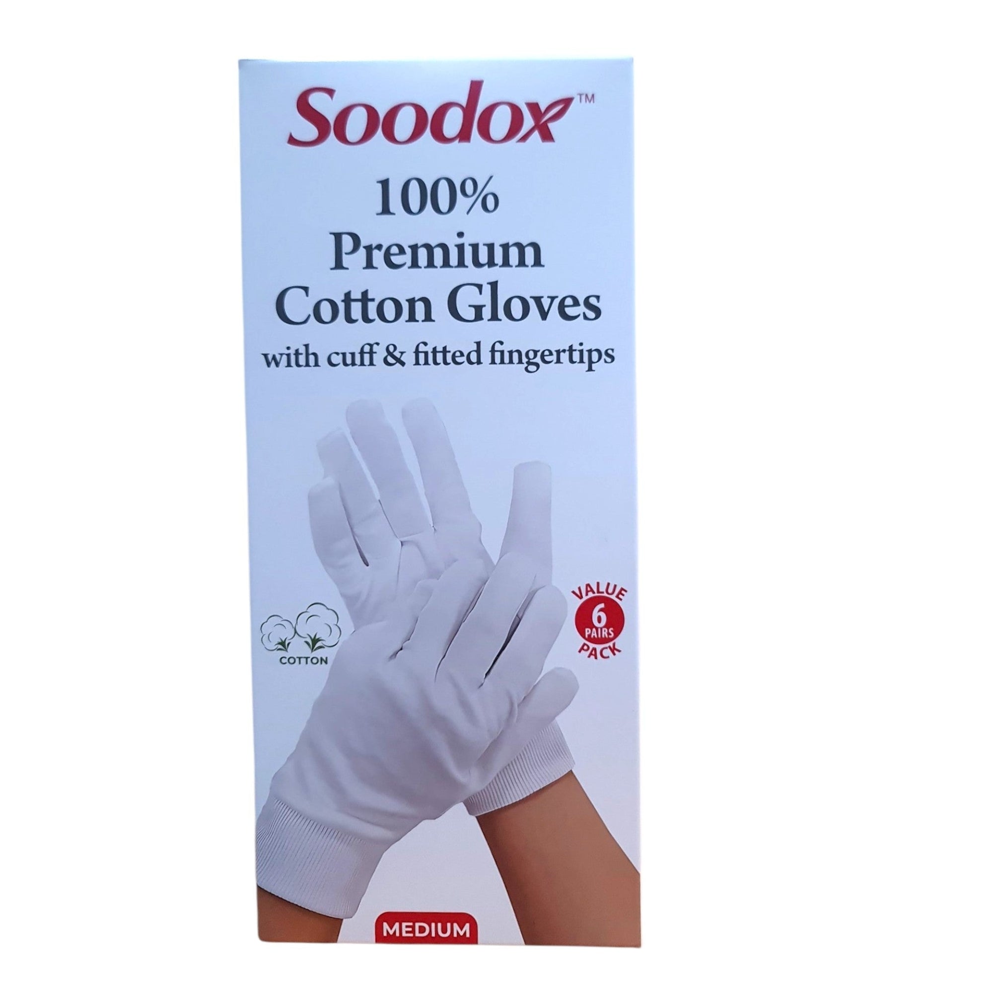 Soodox Premium Cotton Gloves 6 pack- With Cuff and Fitted Fingertips, Medium