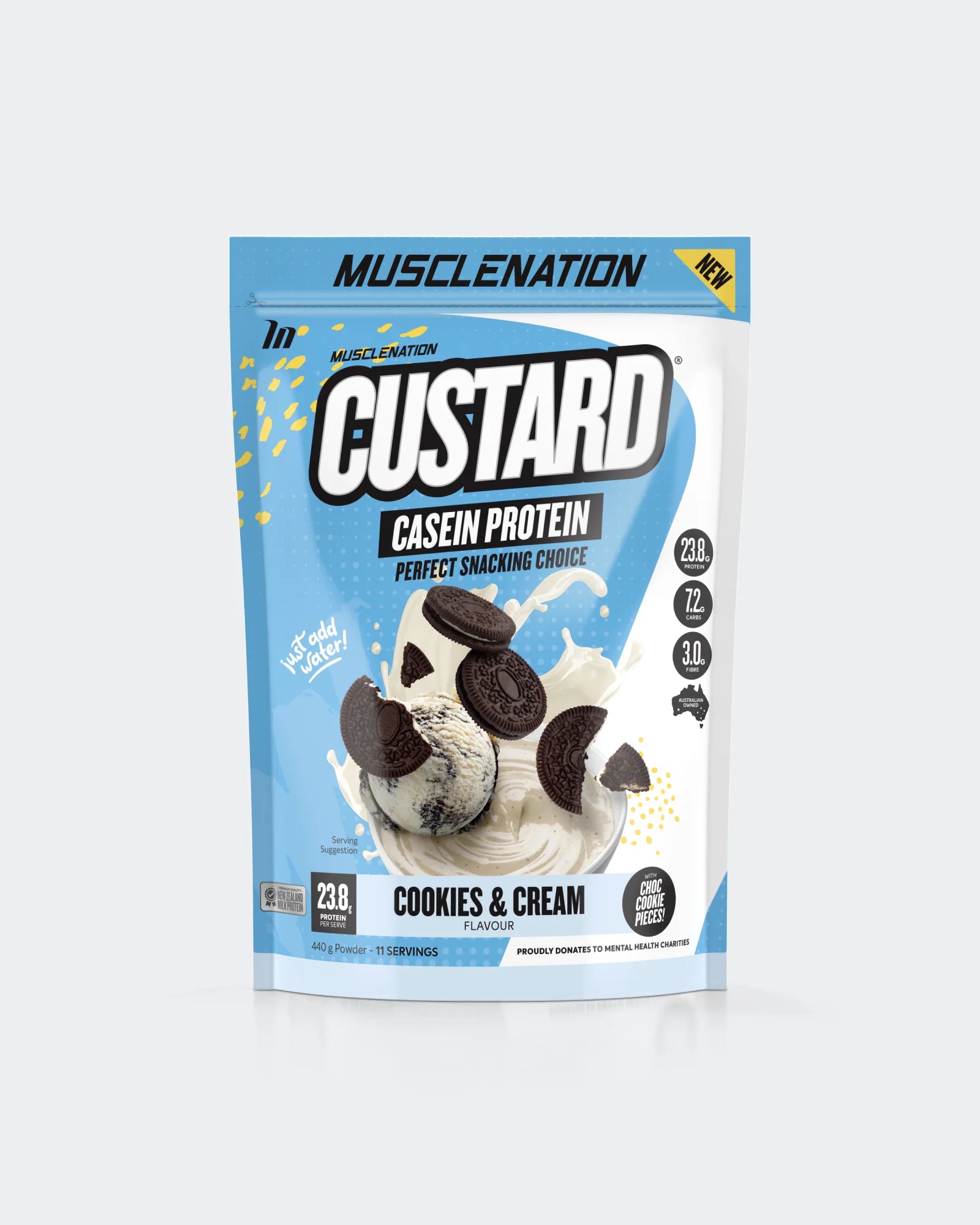 Muscle Nation Cookie & Cream Flavoured CUSTARD Casein Protein 400g