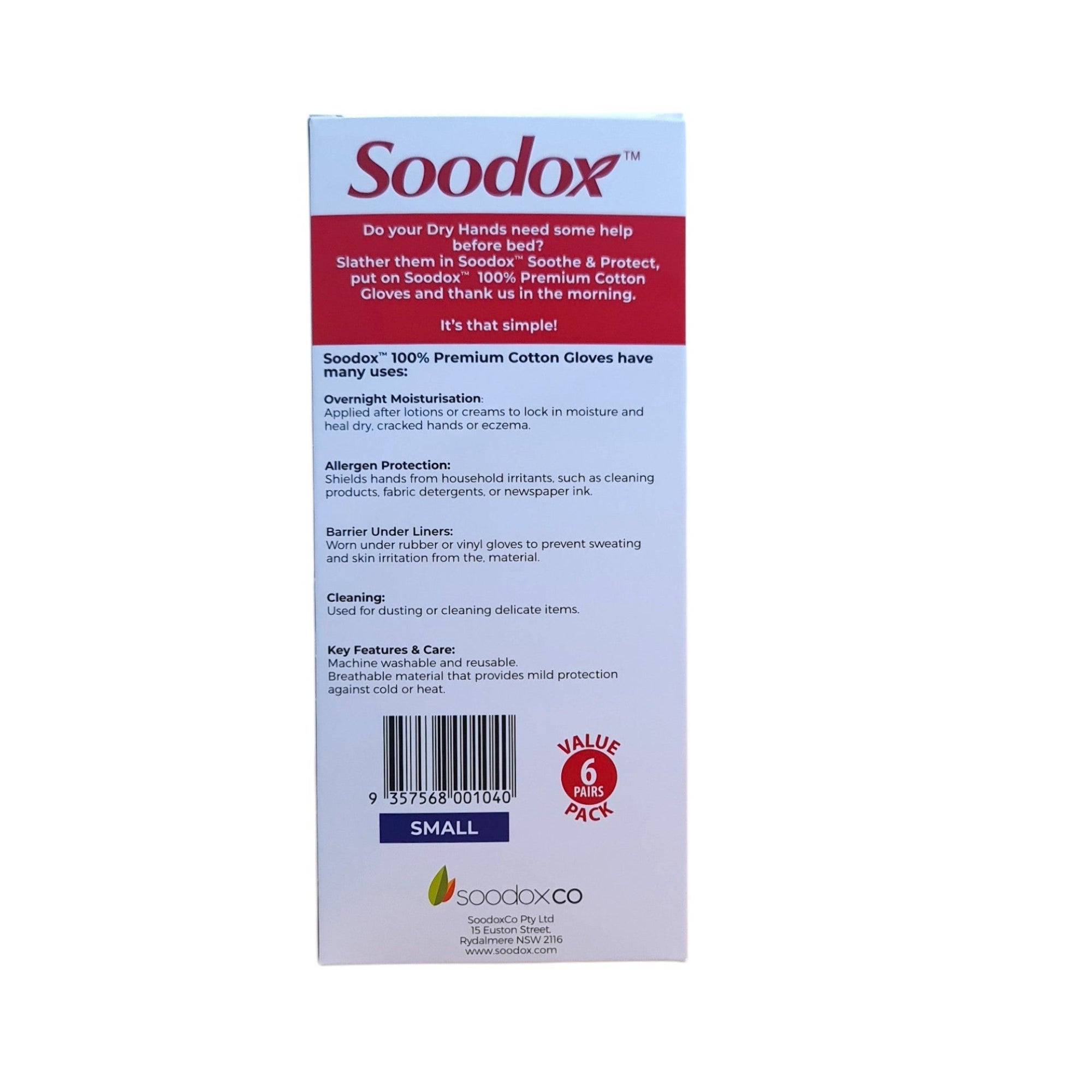 Soodox Premium Cotton Gloves 6 Pack - With Cuff and Fitted Fingertips, Small