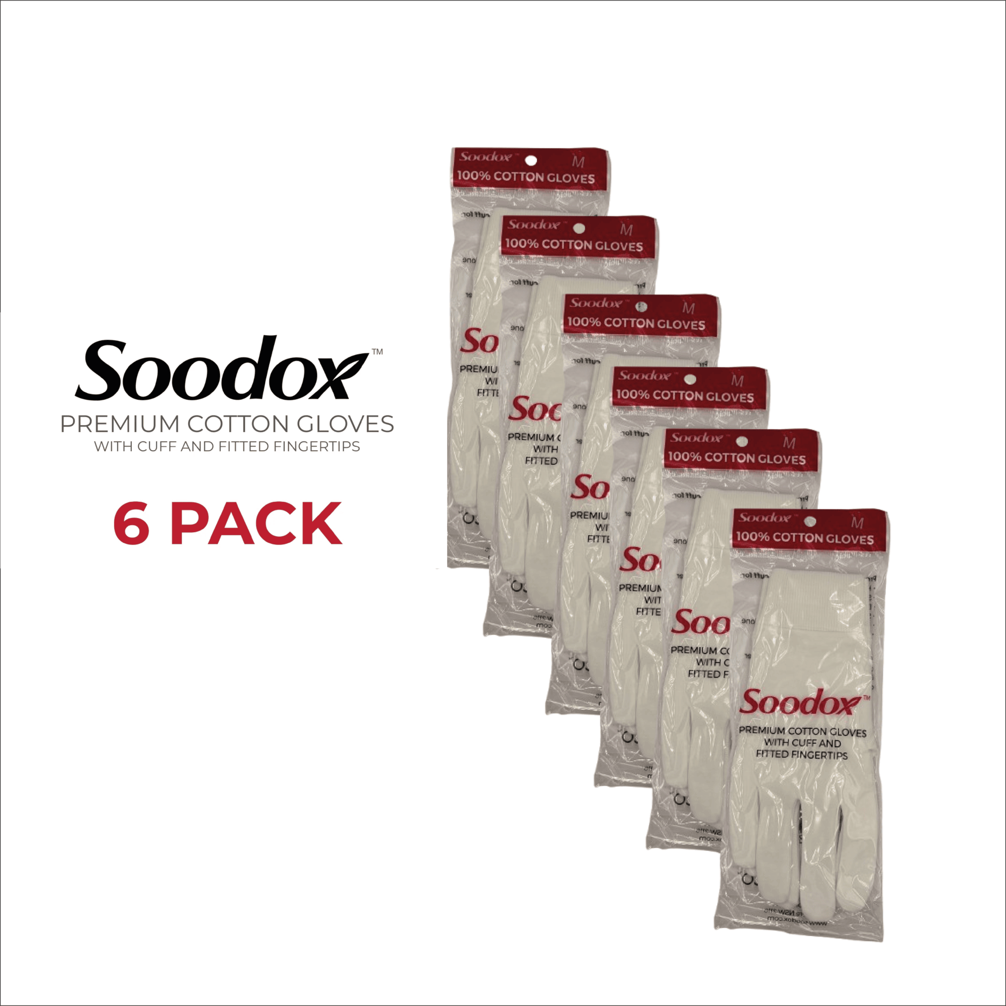 Soodox Premium Cotton Gloves 6 pack- With Cuff and Fitted Fingertips, Medium