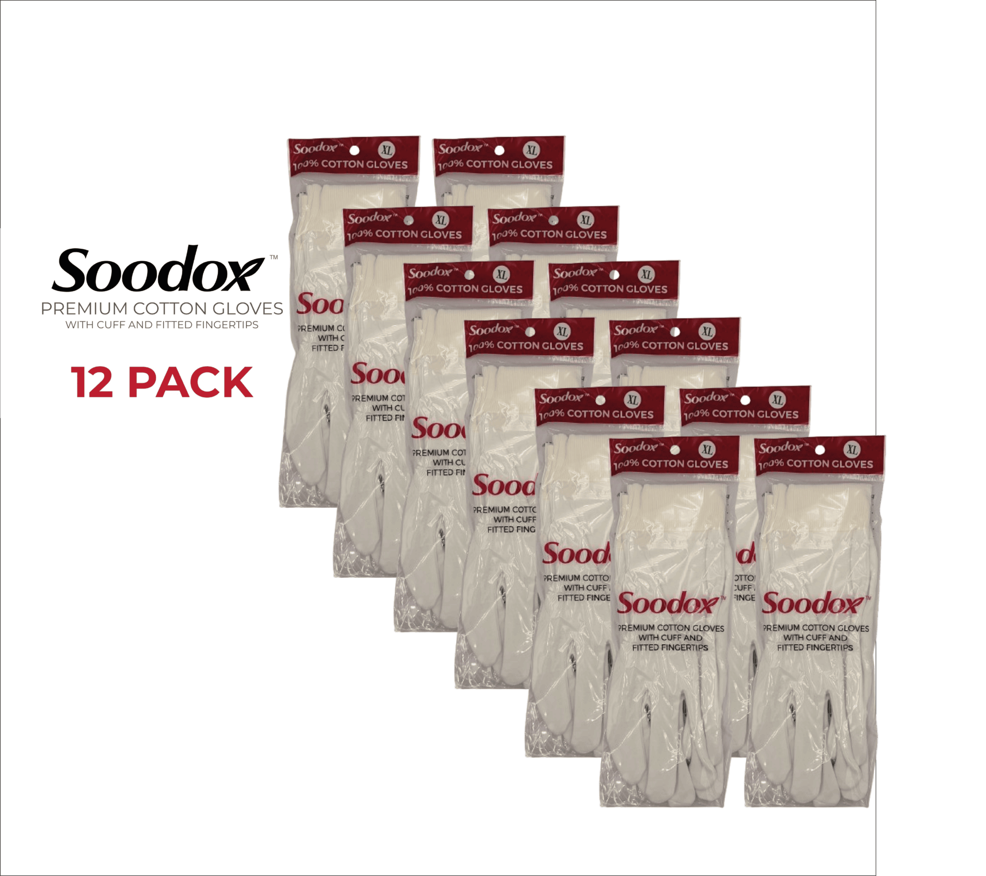 Soodox Premium Cotton Gloves 12 Pack - With Cuff and Fitted Fingertips, Extra Large