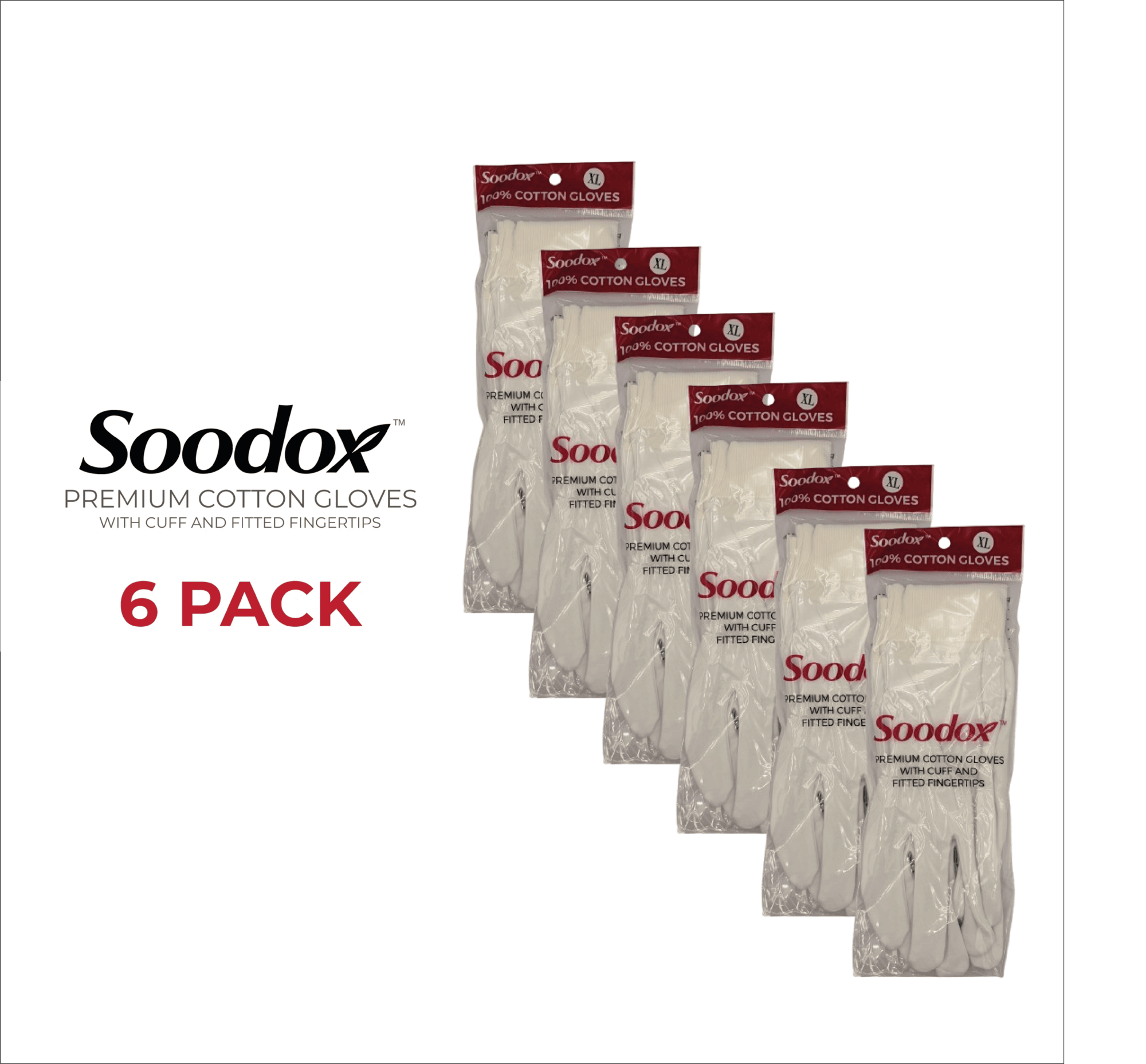 Soodox Premium Cotton Gloves 6 Pack - With Cuff and Fitted Fingertips, Extra Large