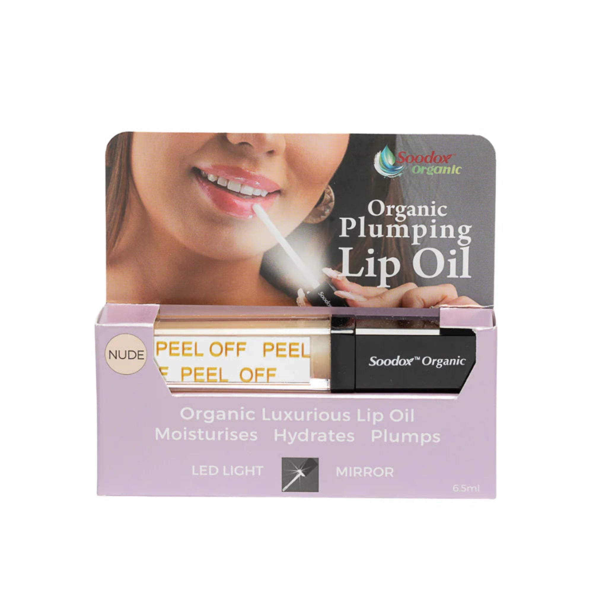Soodox Organic Lip Plumper – Hydrating Gloss with Bonus Light & Mirror – Nude