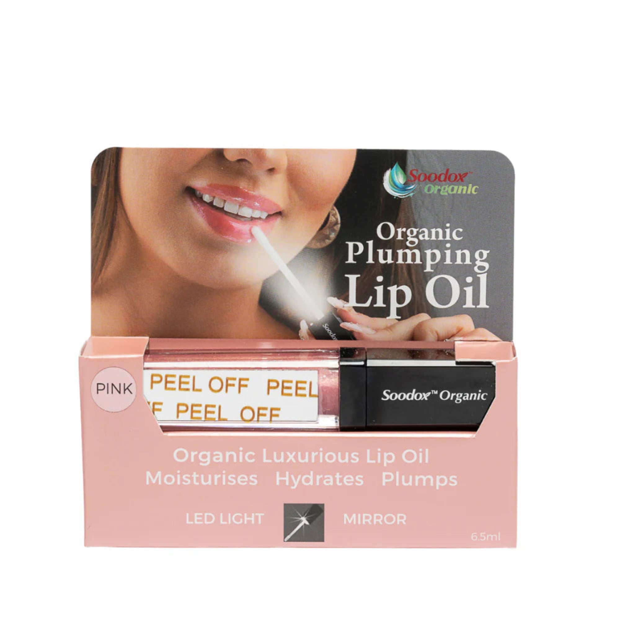 Soodox Organic Lip Plumper – Hydrating Gloss with Bonus Light & Mirror – Pink