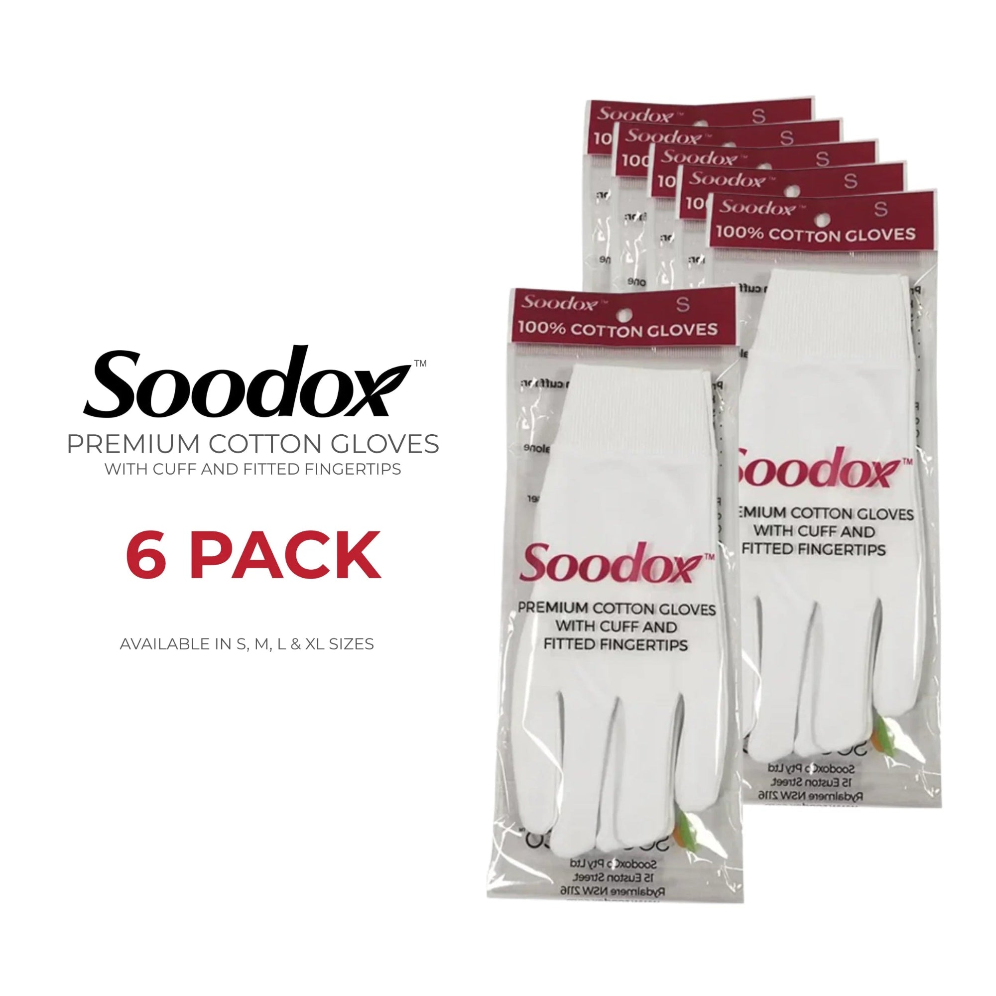 Soodox Premium Cotton Gloves 6 Pack - With Cuff and Fitted Fingertips, Small
