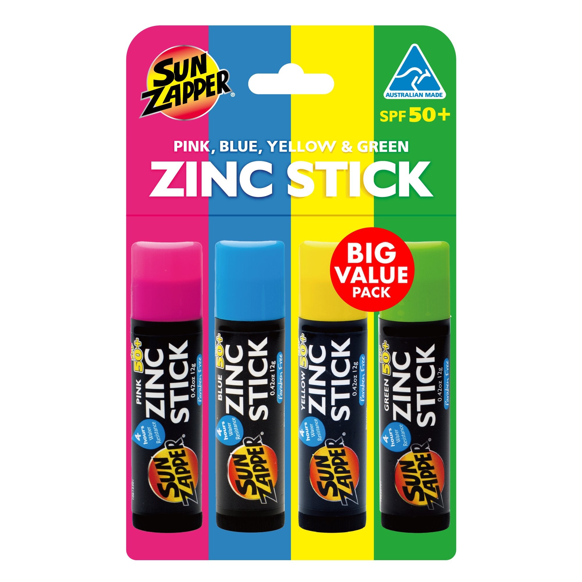 Sun Zapper Rainbow Bundle Sunscreen - Pink, Blue, Yellow & Green Zinc Stick SPF50+, 4 Pack