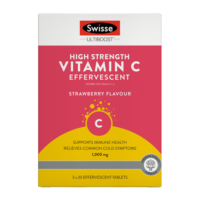 Swisse Ultiboost High Strength Vitamin C Effervescent Bundle Pack - Strawberry Flavour, 3 x 20 Tablets