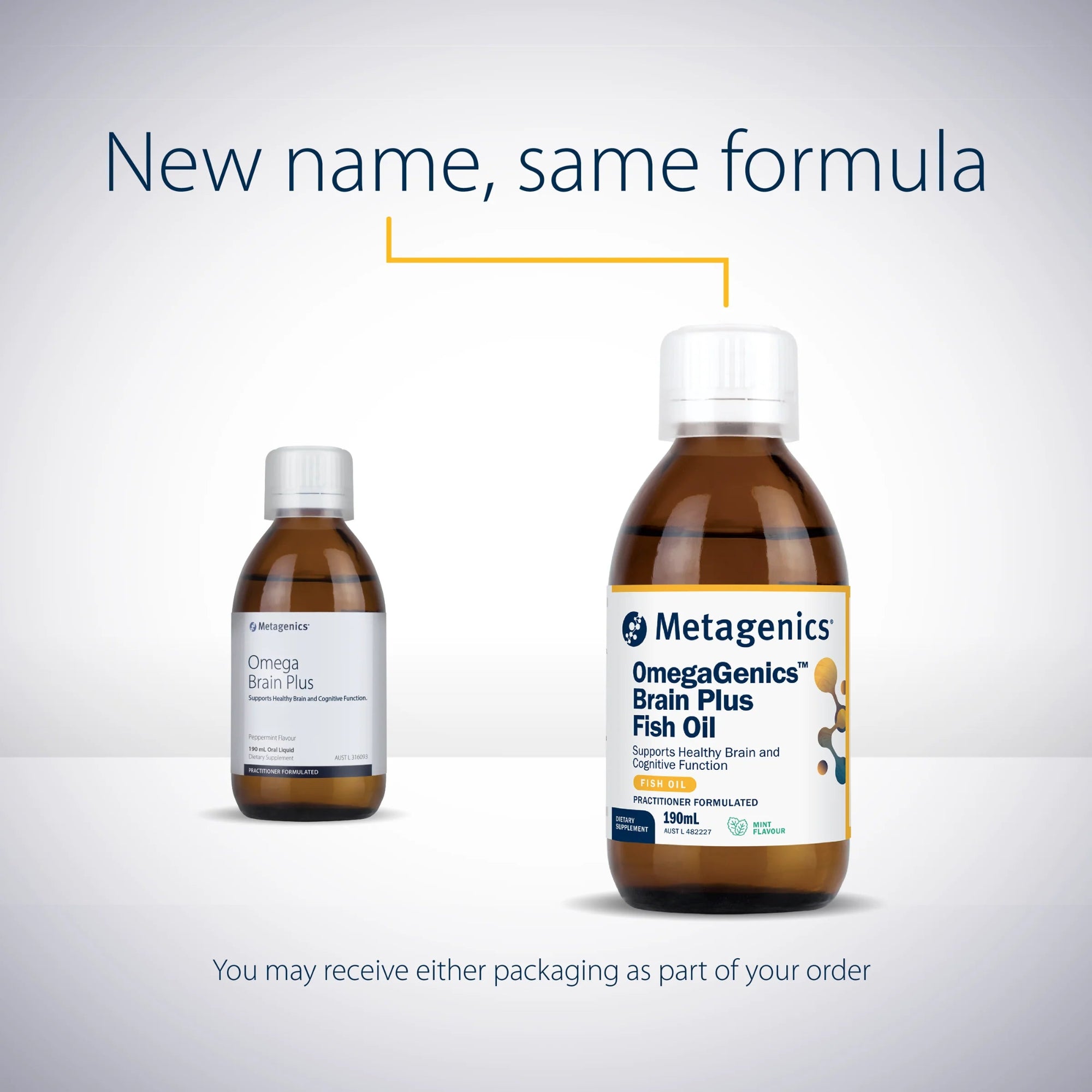 Metagenics OmegaGenics Brain Plus Fish Oil - 190mL, Mint Flavour