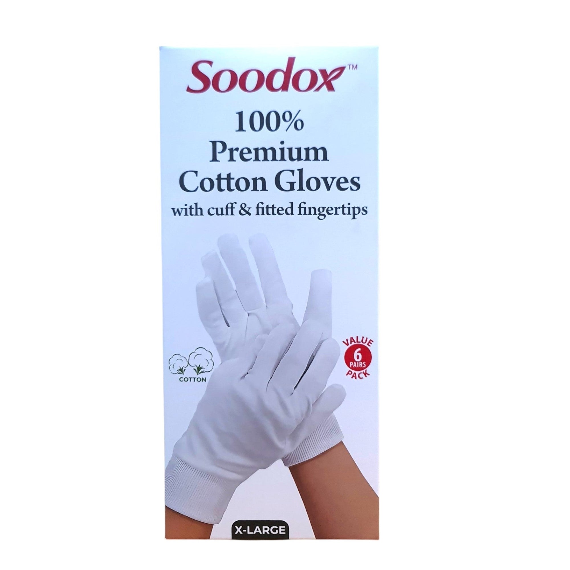 Soodox Premium Cotton Gloves 6 Pack - With Cuff and Fitted Fingertips, Extra Large