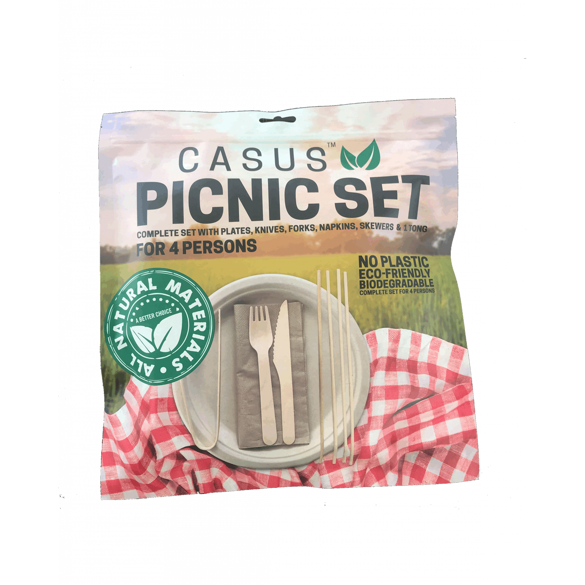 Casus Picnic Set (4 plates, 4 knives, 4 forks, 4 serviettes, 4 skewers, 1 x tongs)